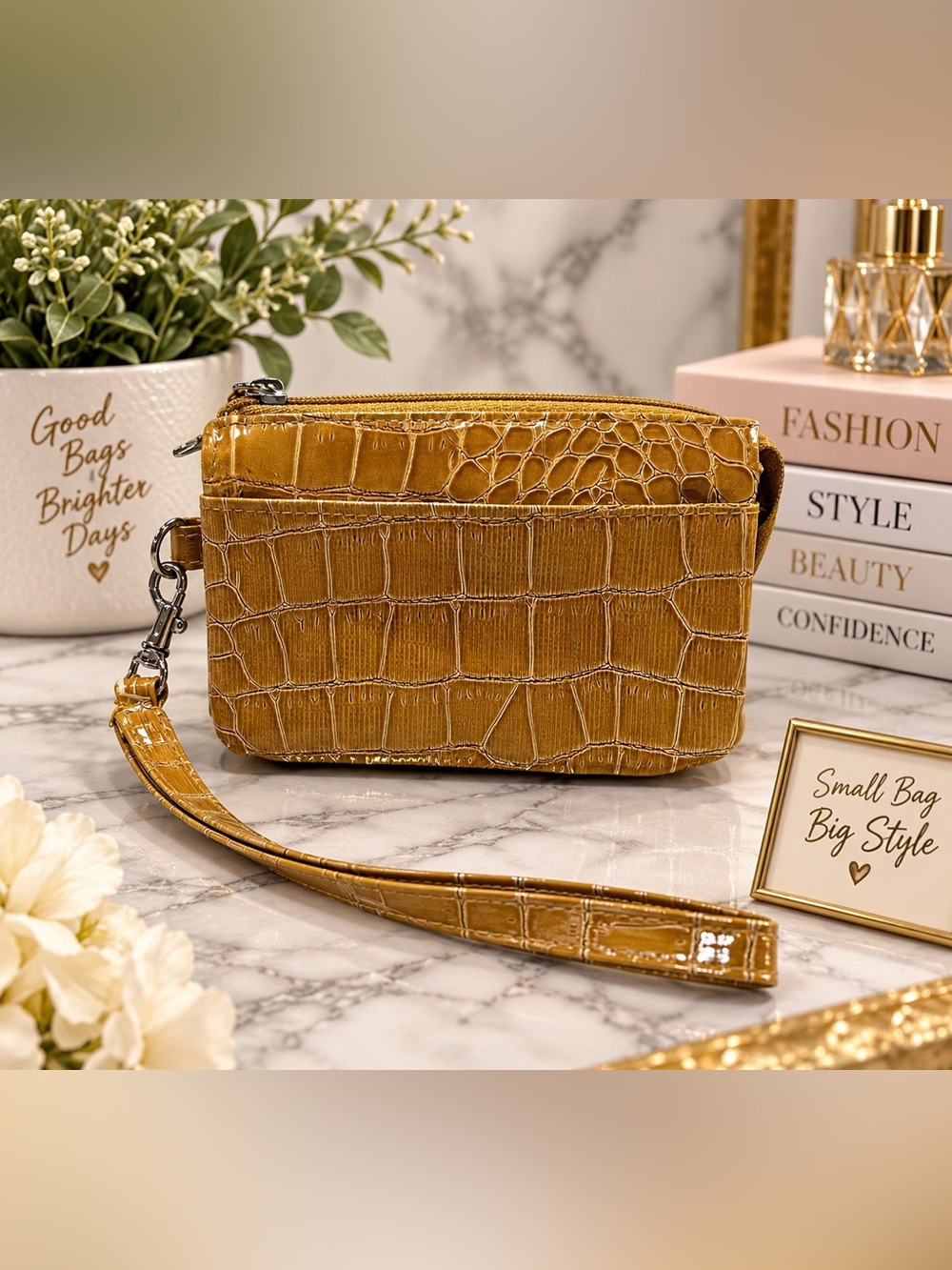 Gold Crocodile Embossed Faux Leather Wristlet Bag – Double Compartment